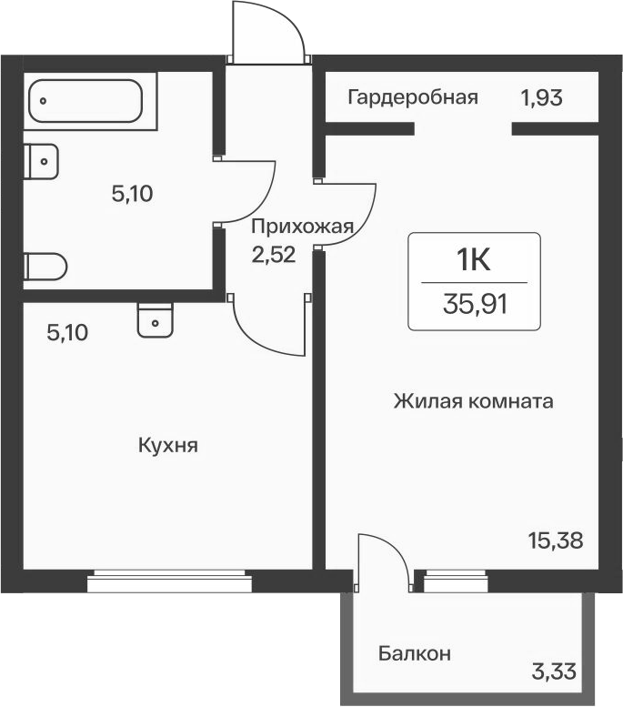1-комнатная квартира 35.91 м², 2/11 эт., ЖК «Расцветай в Янино»